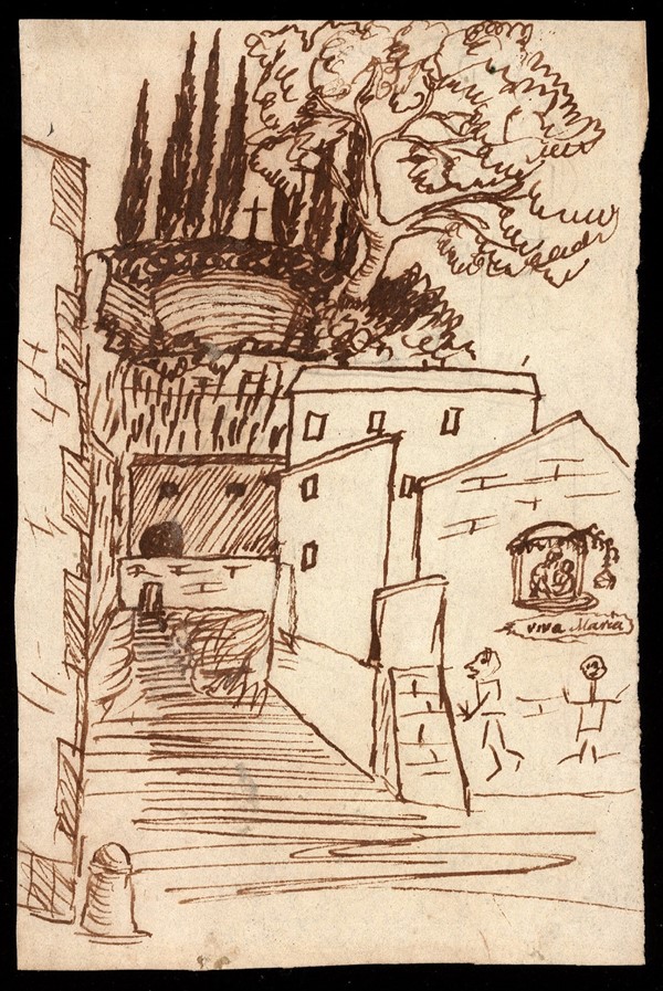 H.C. Andersen-tegning: Gadeparti, Viva Maria, Tassos Eg (Tegning i blæk og blyant)